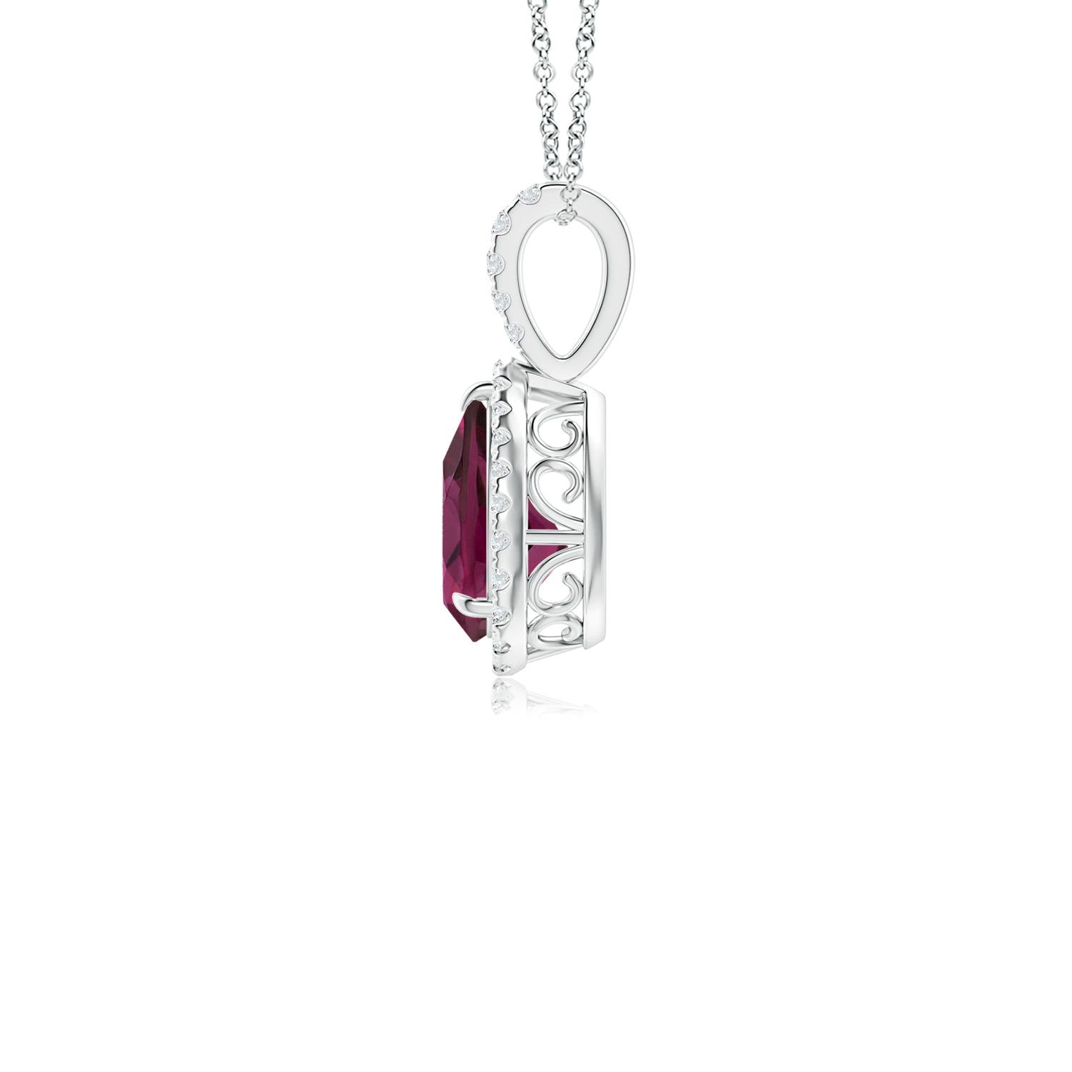 8x6mm AAA Rhodolite Teardrop Pendant with Diamond Halo in White Gold - side 3