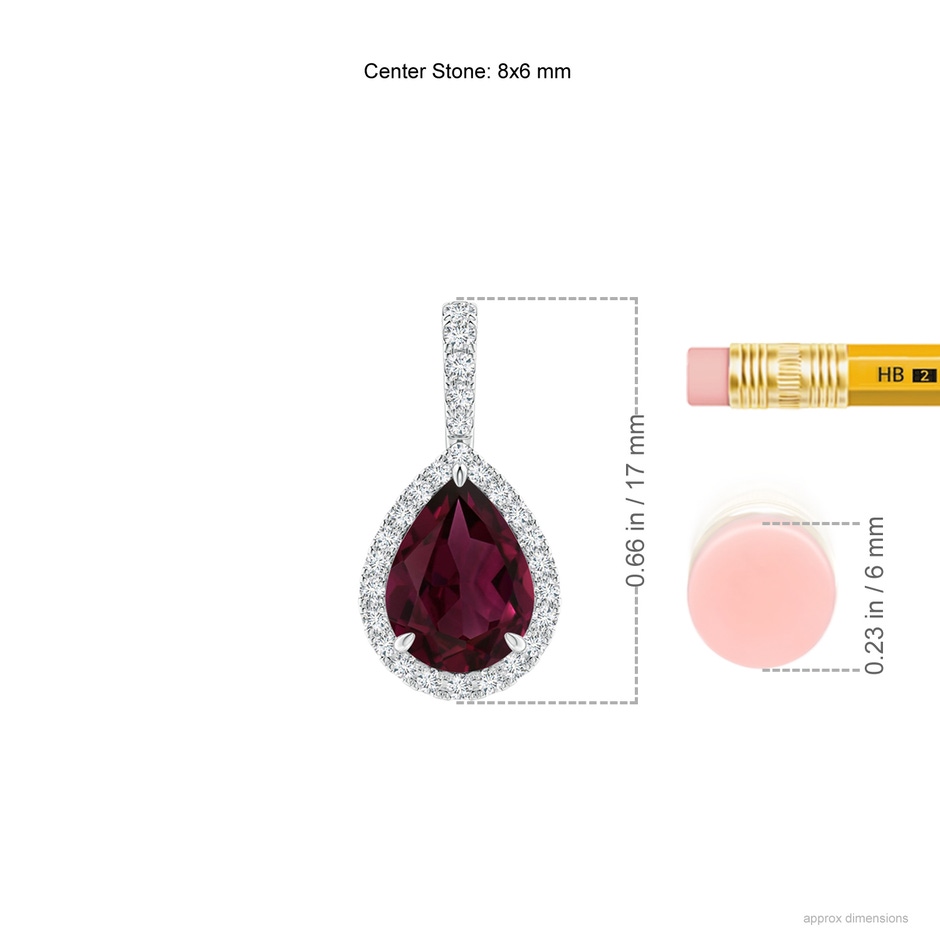 8x6mm AAA Rhodolite Teardrop Pendant with Diamond Halo in White Gold ruler