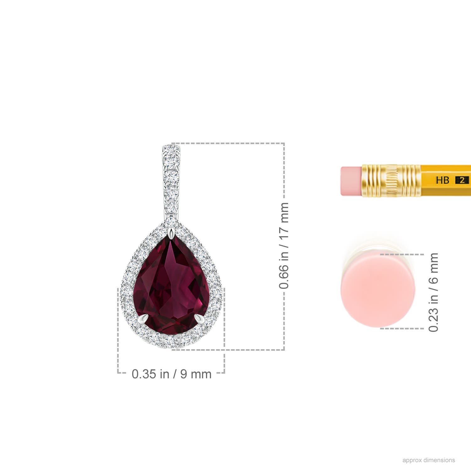 8x6mm AAA Rhodolite Teardrop Pendant with Diamond Halo in White Gold - ruler