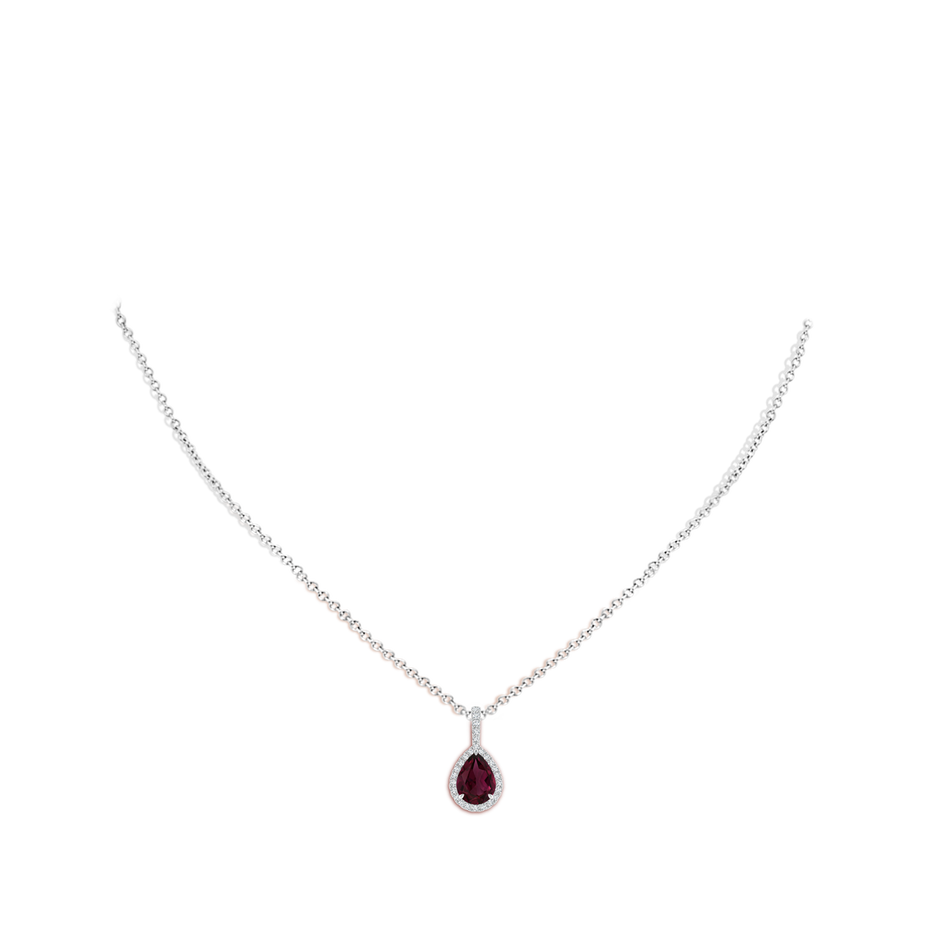 8x6mm AAA Rhodolite Teardrop Pendant with Diamond Halo in White Gold body-neck