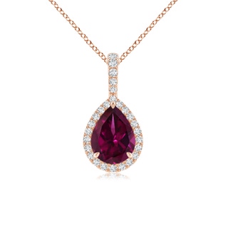 8x6mm AAAA Rhodolite Teardrop Pendant with Diamond Halo in 9K Rose Gold