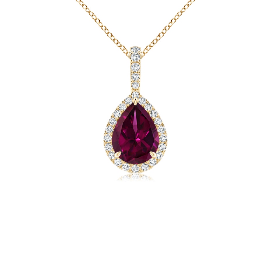 8x6mm AAAA Rhodolite Teardrop Pendant with Diamond Halo in Yellow Gold 