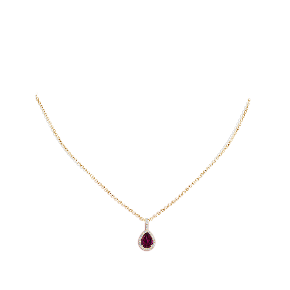 8x6mm AAAA Rhodolite Teardrop Pendant with Diamond Halo in Yellow Gold body-neck