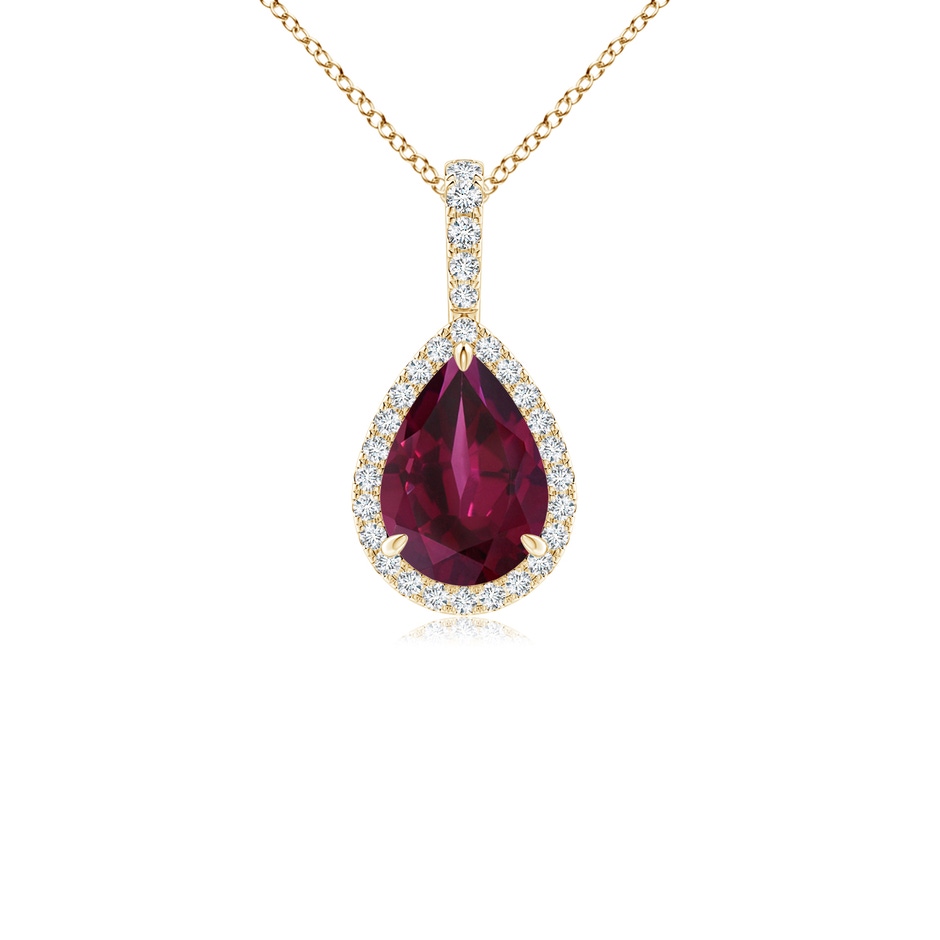 9x6mm AA Rhodolite Teardrop Pendant with Diamond Halo in Yellow Gold 