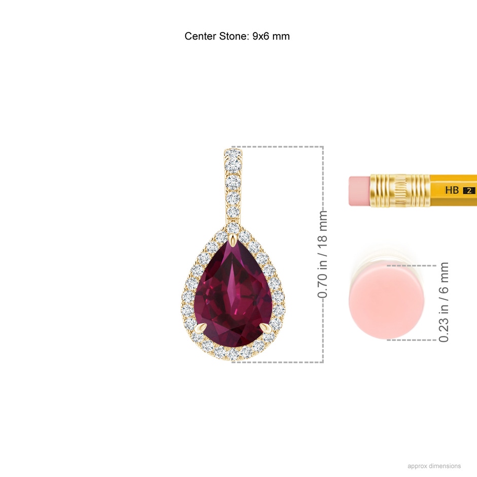 9x6mm AA Rhodolite Teardrop Pendant with Diamond Halo in Yellow Gold ruler