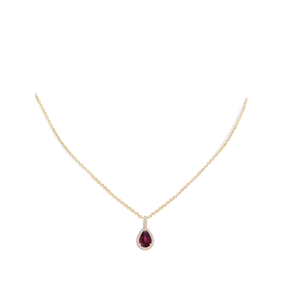9x6mm AA Rhodolite Teardrop Pendant with Diamond Halo in Yellow Gold body-neck