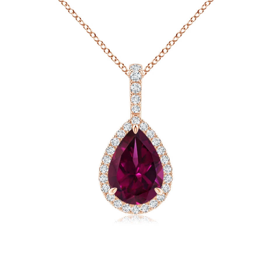 9x6mm AAAA Rhodolite Teardrop Pendant with Diamond Halo in Rose Gold 