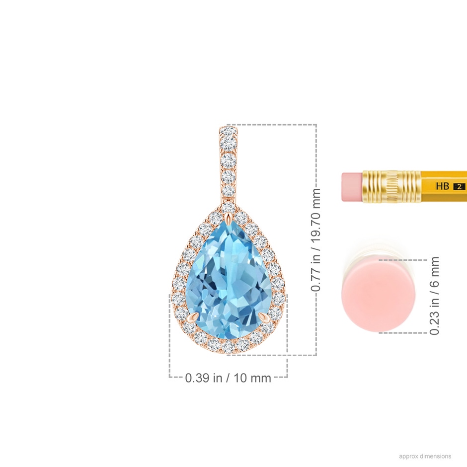 10x7mm A Swiss Blue Topaz Teardrop Pendant with Diamond Halo in Rose Gold ruler