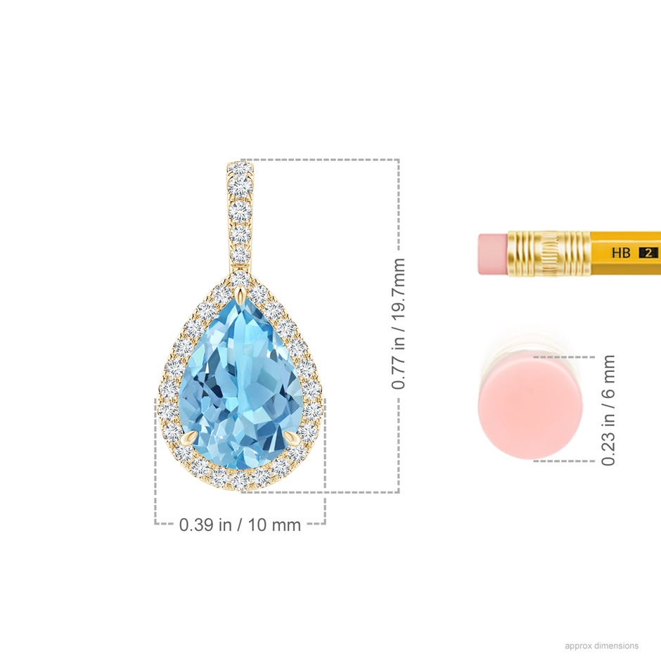10x7mm A Claw-Set Swiss Blue Topaz Teardrop Halo Pendant in Yellow Gold ruler