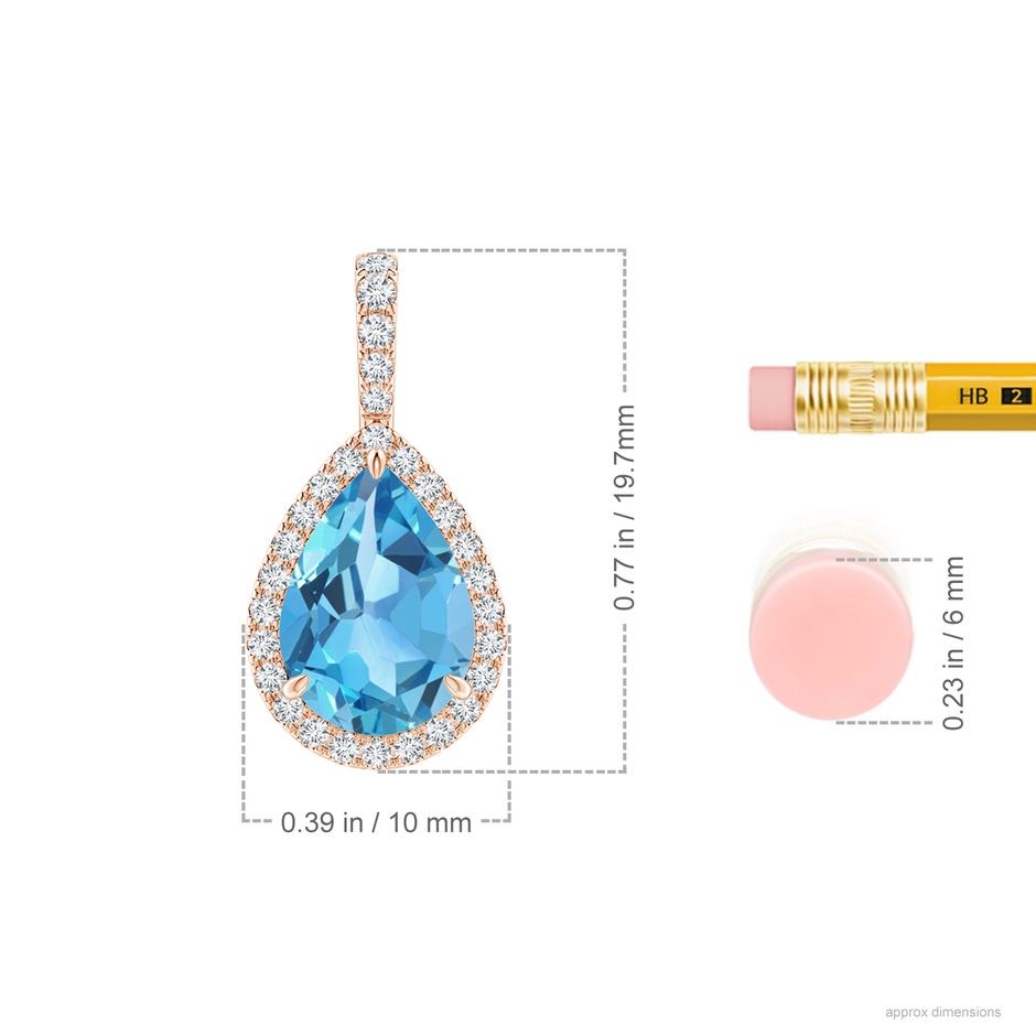 10x7mm AA Claw-Set Swiss Blue Topaz Teardrop Halo Pendant in Rose Gold ruler