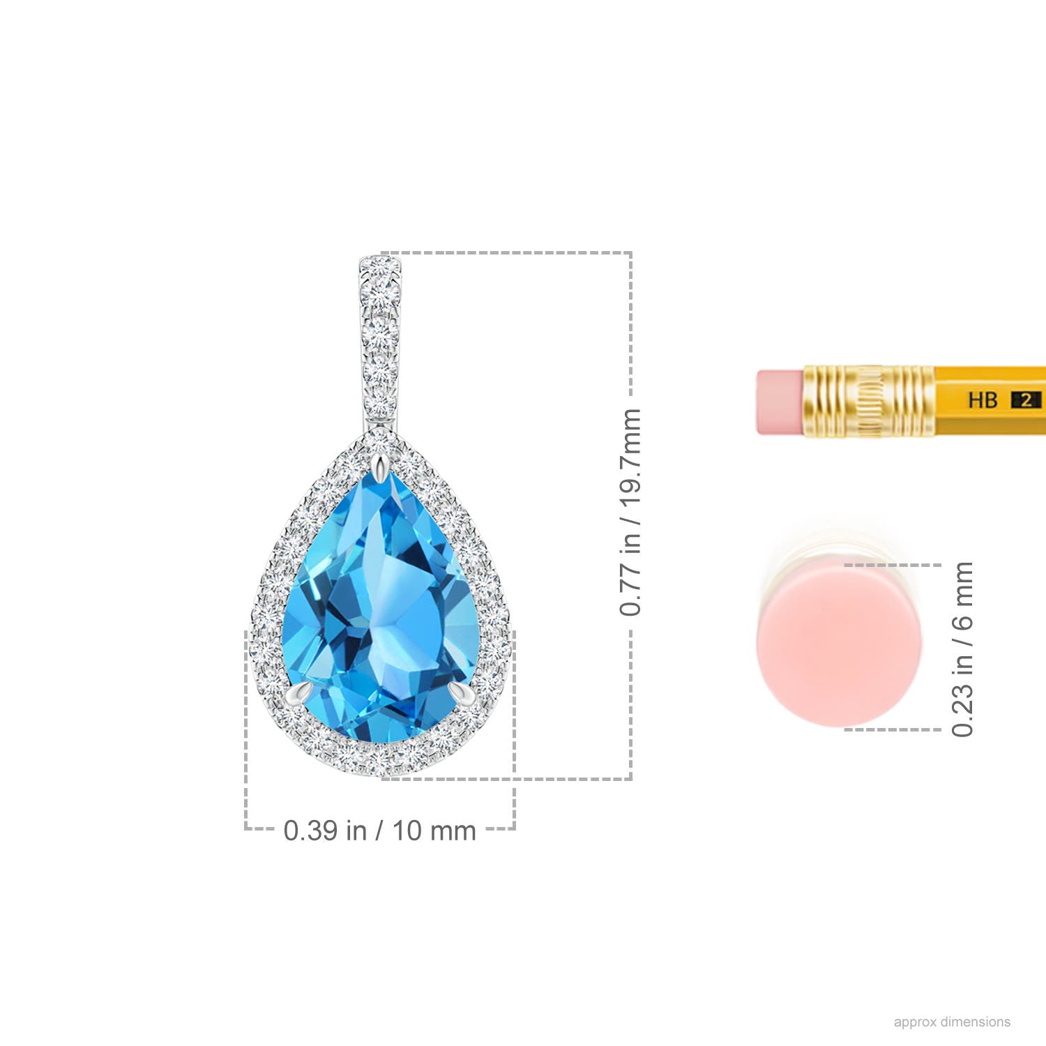 10x7mm AAA Claw-Set Swiss Blue Topaz Teardrop Halo Pendant in P950 Platinum - ruler
