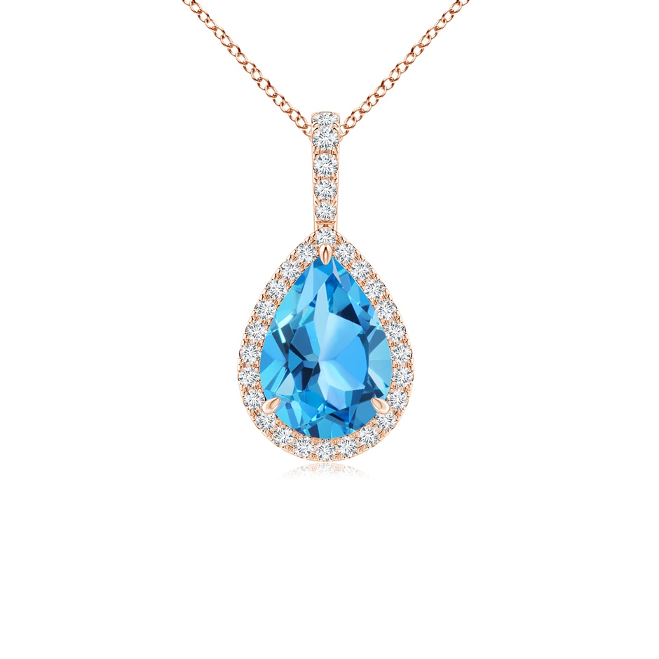 10x7mm AAA Swiss Blue Topaz Teardrop Pendant with Diamond Halo in Rose Gold 