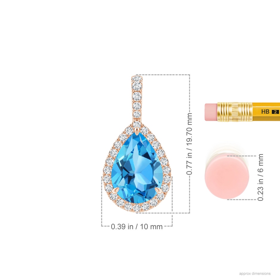10x7mm AAA Swiss Blue Topaz Teardrop Pendant with Diamond Halo in Rose Gold ruler