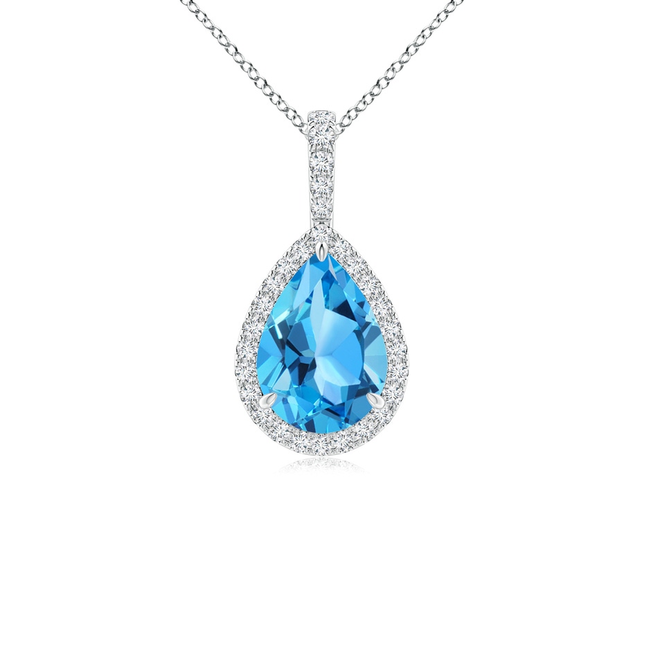 10x7mm AAA Swiss Blue Topaz Teardrop Pendant with Diamond Halo in White Gold 