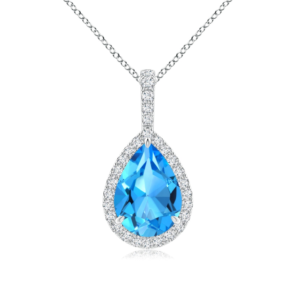 10x7mm AAAA Swiss Blue Topaz Teardrop Pendant with Diamond Halo in P950 Platinum