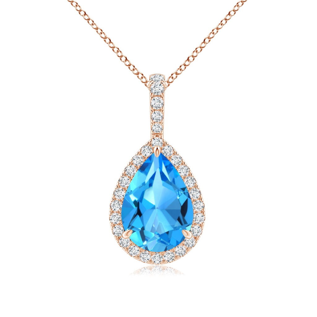 10x7mm AAAA Swiss Blue Topaz Teardrop Pendant with Diamond Halo in Rose Gold