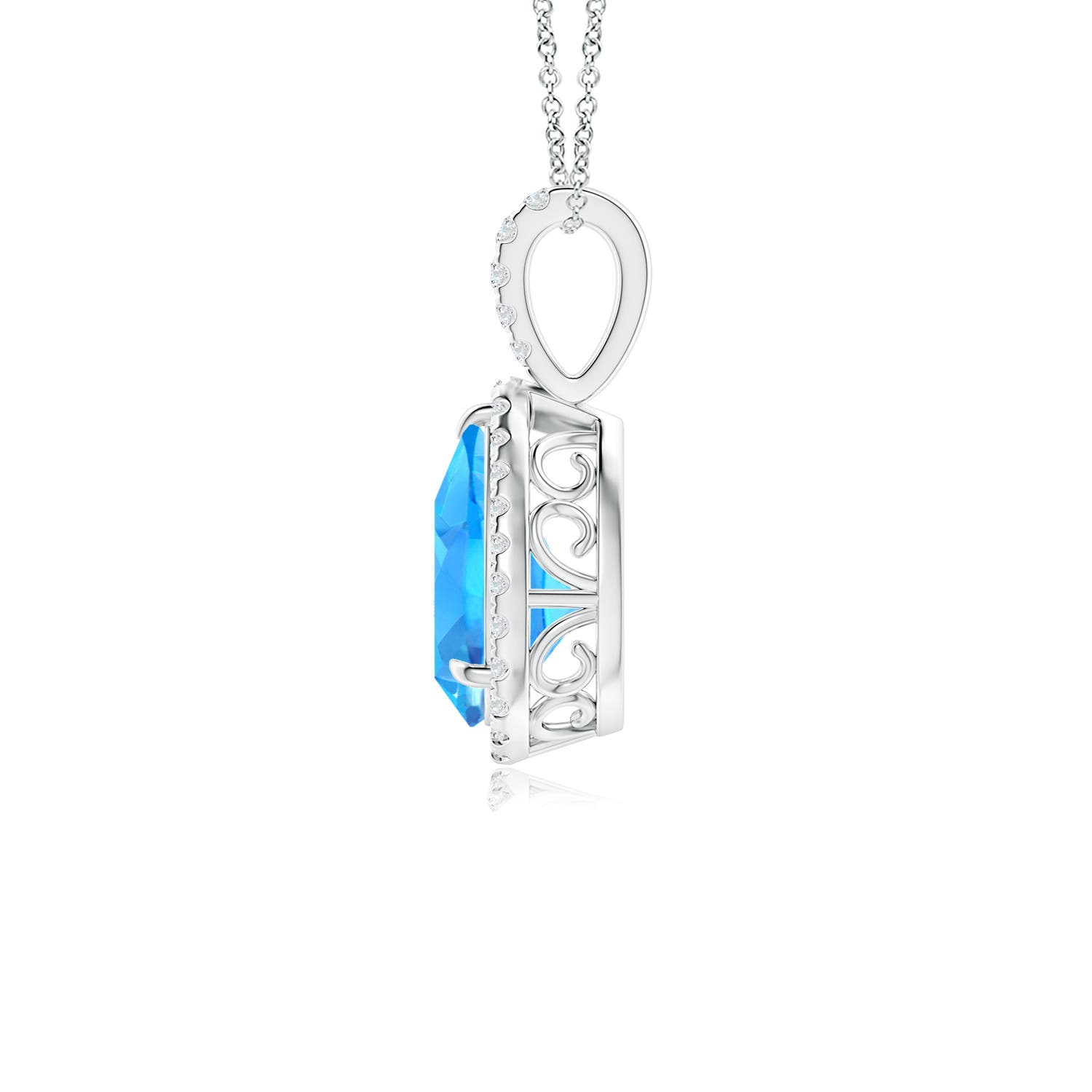 10x7mm AAAA Claw-Set Swiss Blue Topaz Teardrop Halo Pendant in White Gold