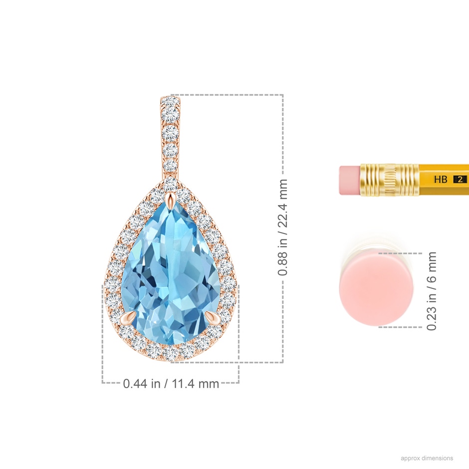 12x8mm A Swiss Blue Topaz Teardrop Pendant with Diamond Halo in Rose Gold ruler
