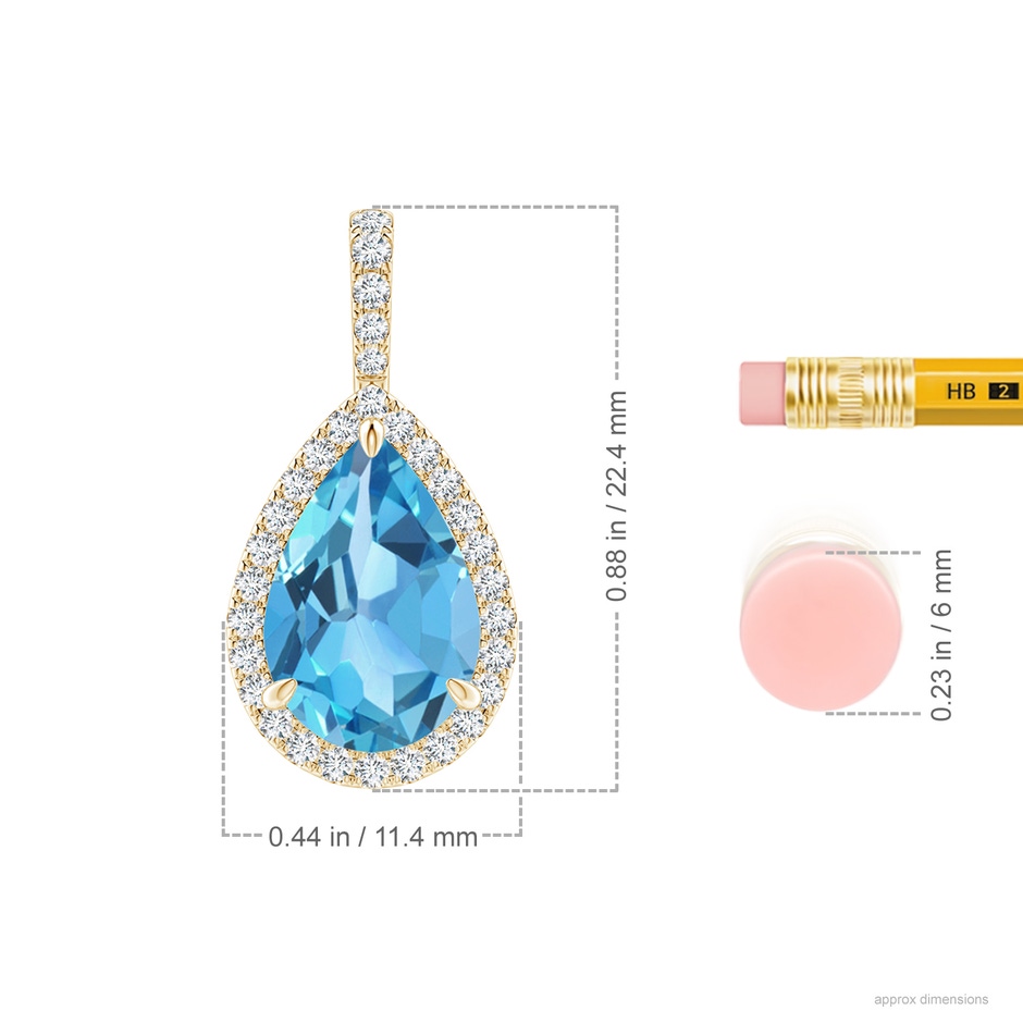 12x8mm AA Claw-Set Swiss Blue Topaz Teardrop Halo Pendant in Yellow Gold ruler