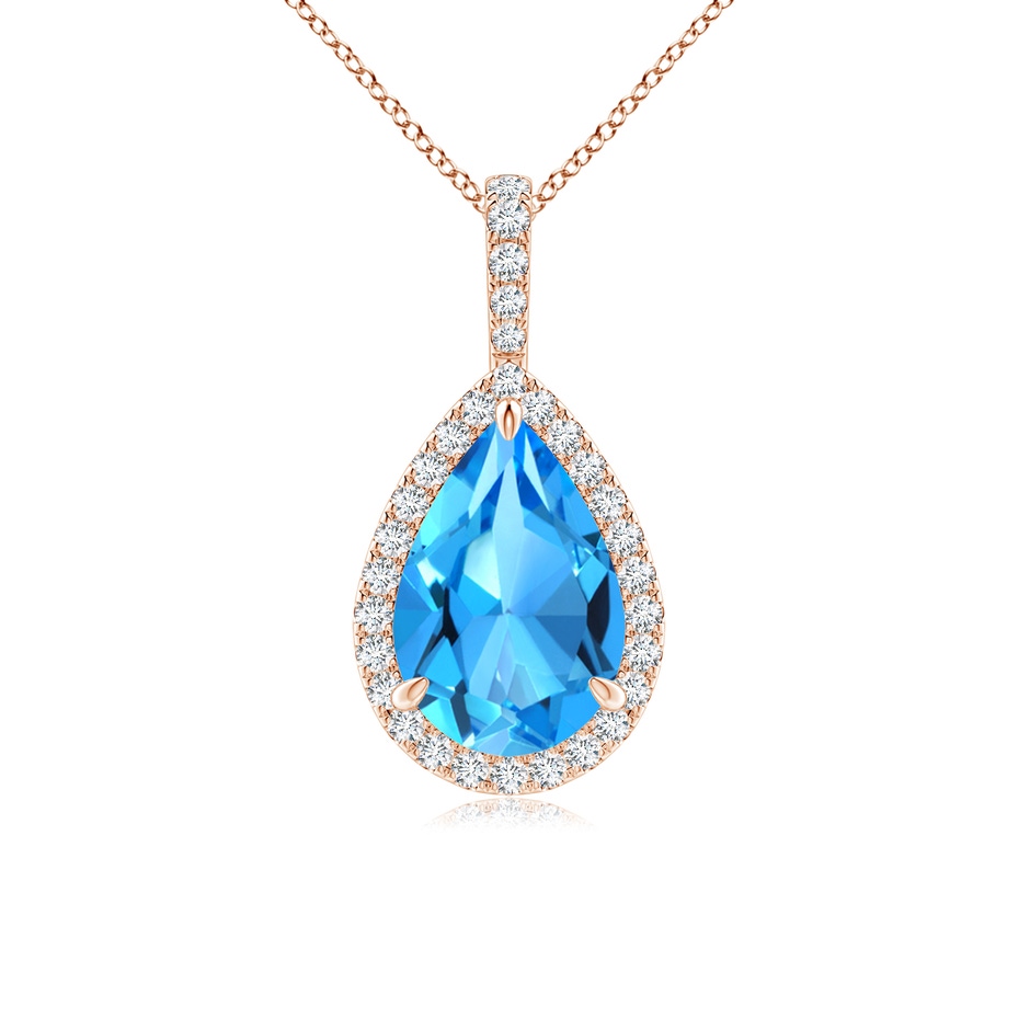 12x8mm AAAA Swiss Blue Topaz Teardrop Pendant with Diamond Halo in Rose Gold 