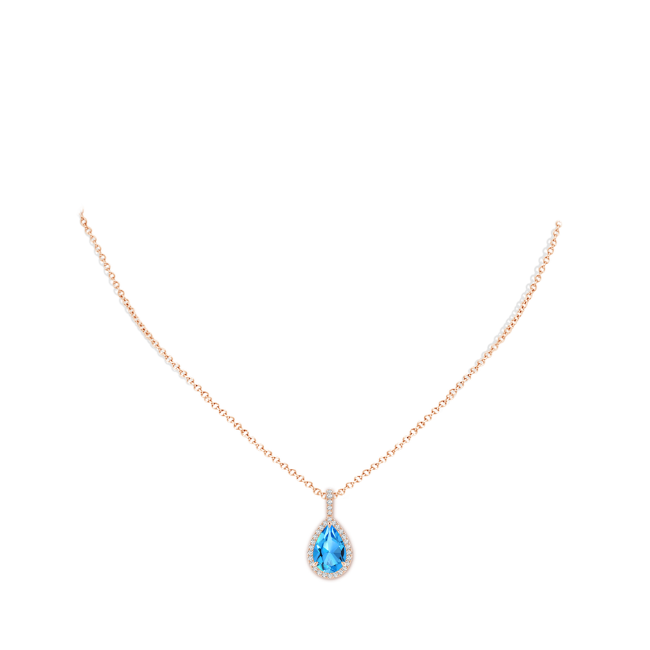 12x8mm AAAA Swiss Blue Topaz Teardrop Pendant with Diamond Halo in Rose Gold pen