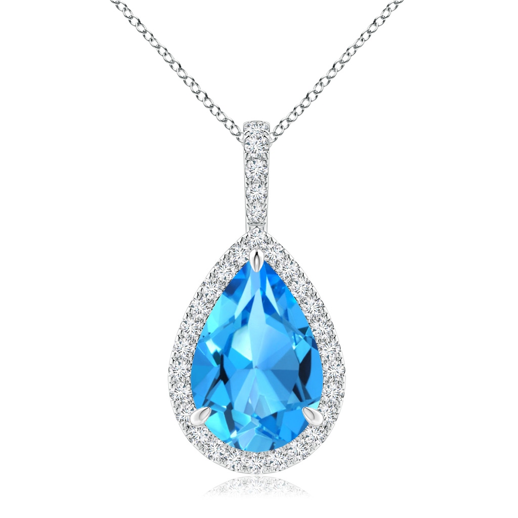 12x8mm AAAA Swiss Blue Topaz Teardrop Pendant with Diamond Halo in White Gold 