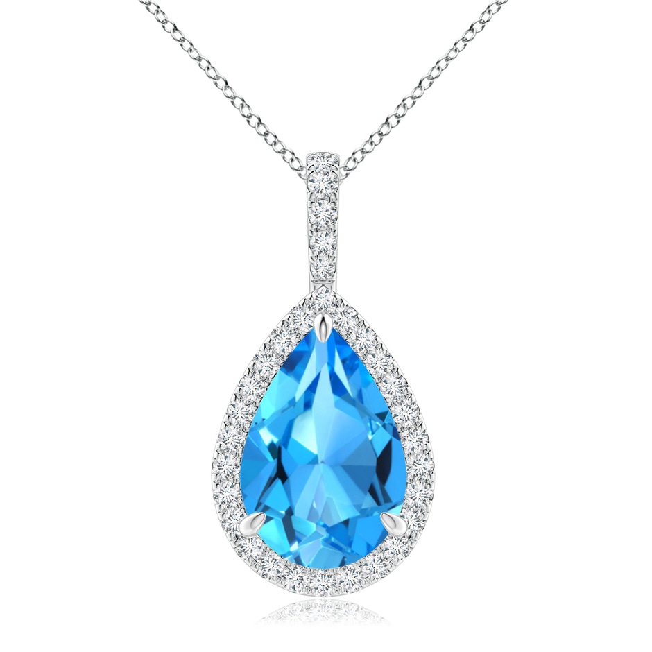 12x8mm AAAA Swiss Blue Topaz Teardrop Pendant with Diamond Halo in White Gold 