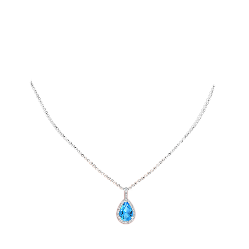 12x8mm AAAA Swiss Blue Topaz Teardrop Pendant with Diamond Halo in White Gold Body-Neck