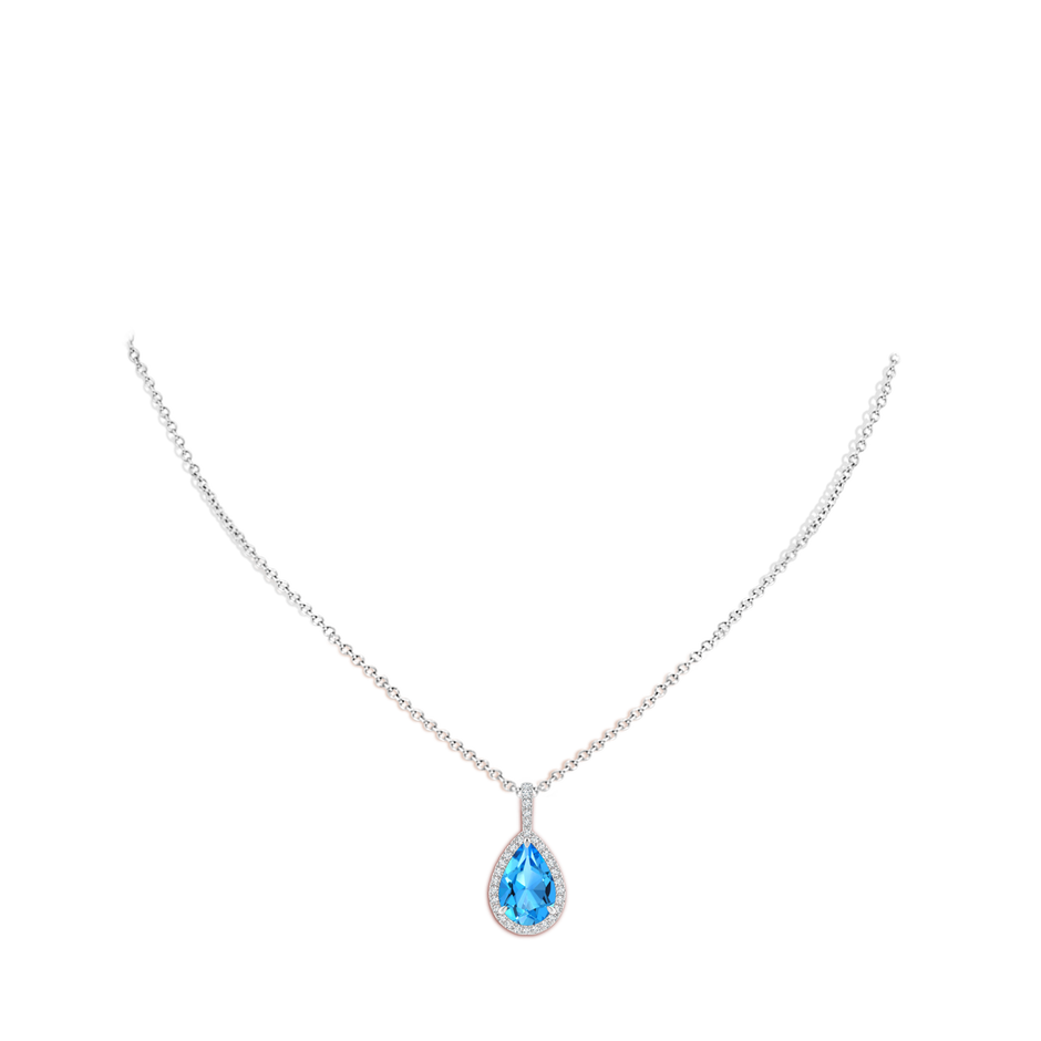 12x8mm AAAA Swiss Blue Topaz Teardrop Pendant with Diamond Halo in White Gold body-neck