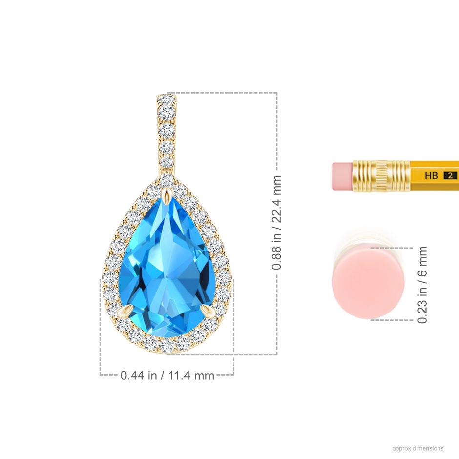 12x8mm AAAA Claw-Set Swiss Blue Topaz Teardrop Halo Pendant in Yellow Gold ruler