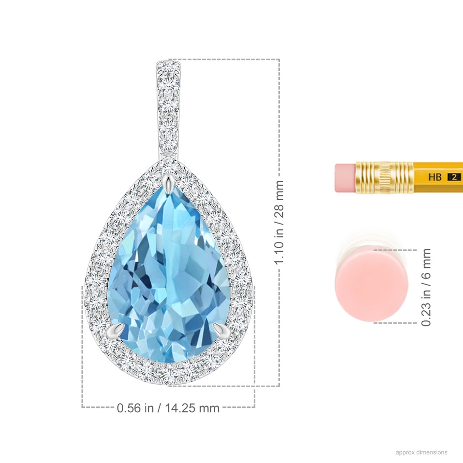 15x10mm A Claw-Set Swiss Blue Topaz Teardrop Halo Pendant in White Gold ruler