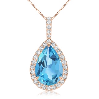 15x10mm AA Claw-Set Swiss Blue Topaz Teardrop Halo Pendant in Rose Gold
