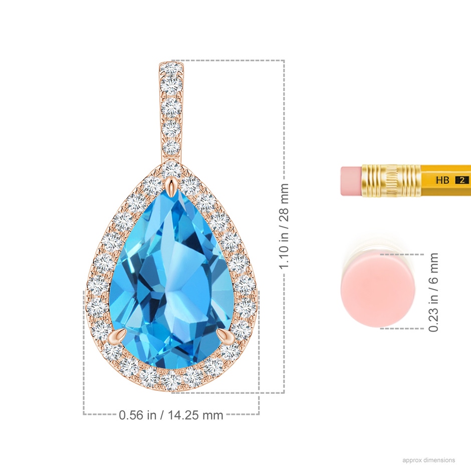 15x10mm AAA Claw-Set Swiss Blue Topaz Teardrop Halo Pendant in Rose Gold ruler