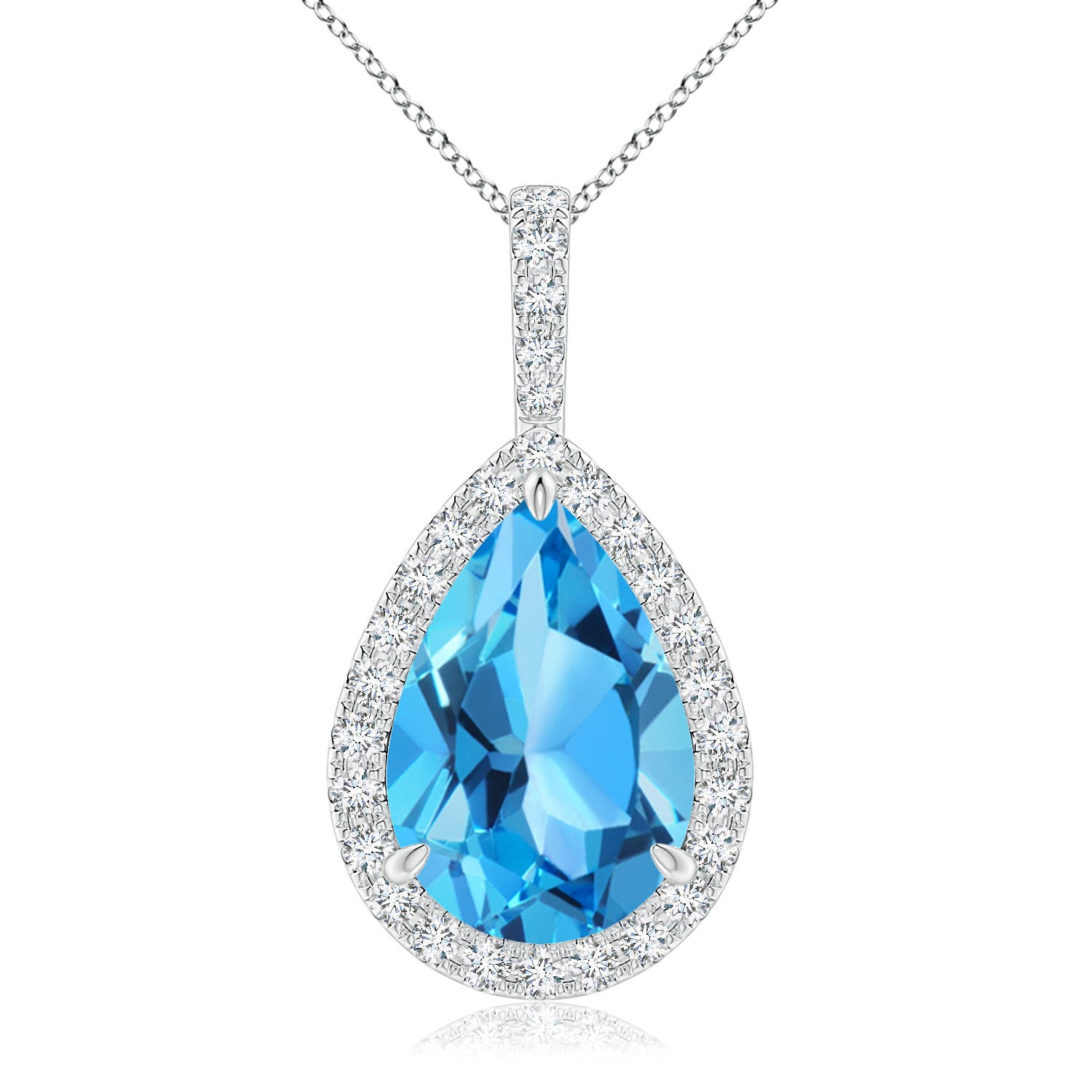 15x10mm AAA Claw-Set Swiss Blue Topaz Teardrop Halo Pendant in White Gold