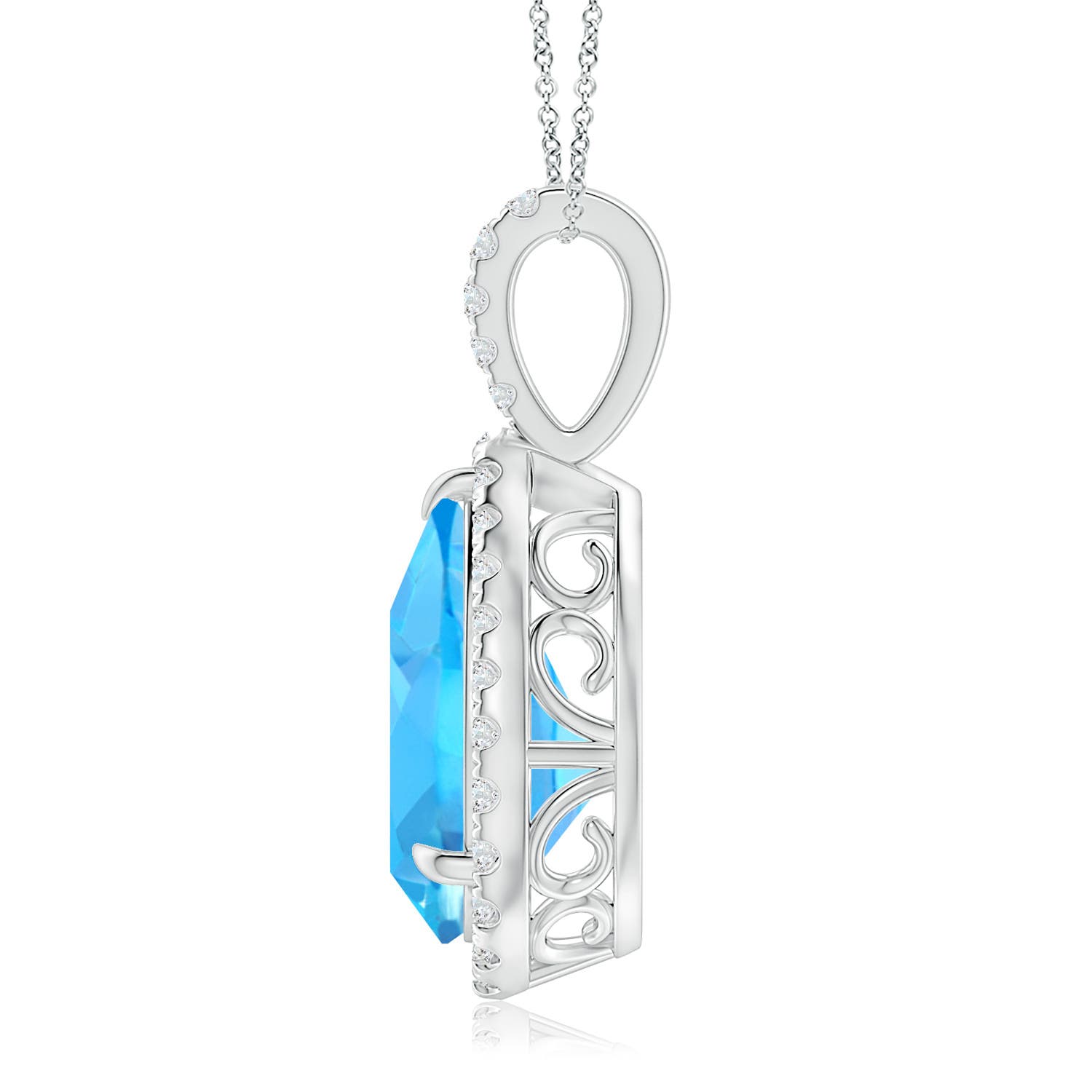 15x10mm AAA Claw-Set Swiss Blue Topaz Teardrop Halo Pendant in White Gold