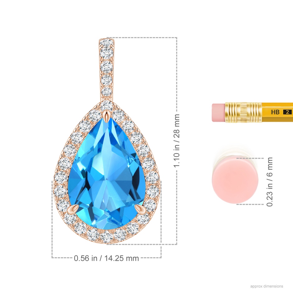 15x10mm AAAA Claw-Set Swiss Blue Topaz Teardrop Halo Pendant in 18K Rose Gold ruler