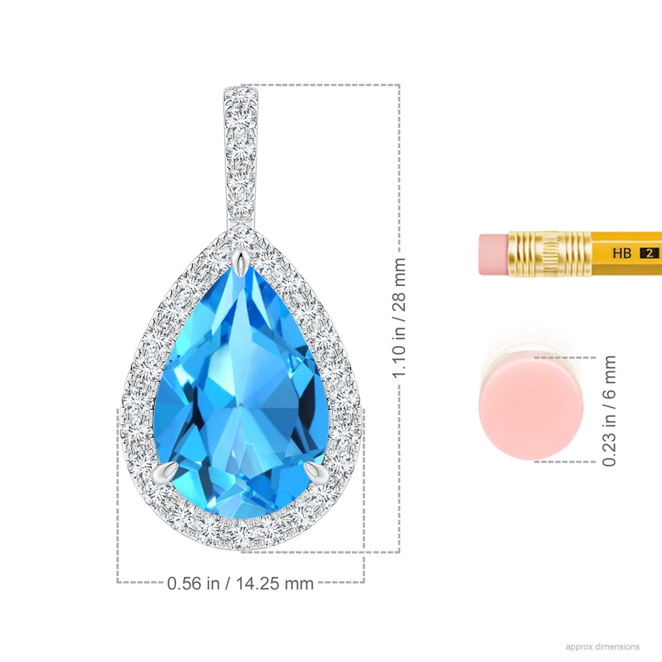 15x10mm AAAA Claw-Set Swiss Blue Topaz Teardrop Halo Pendant in P950 Platinum ruler