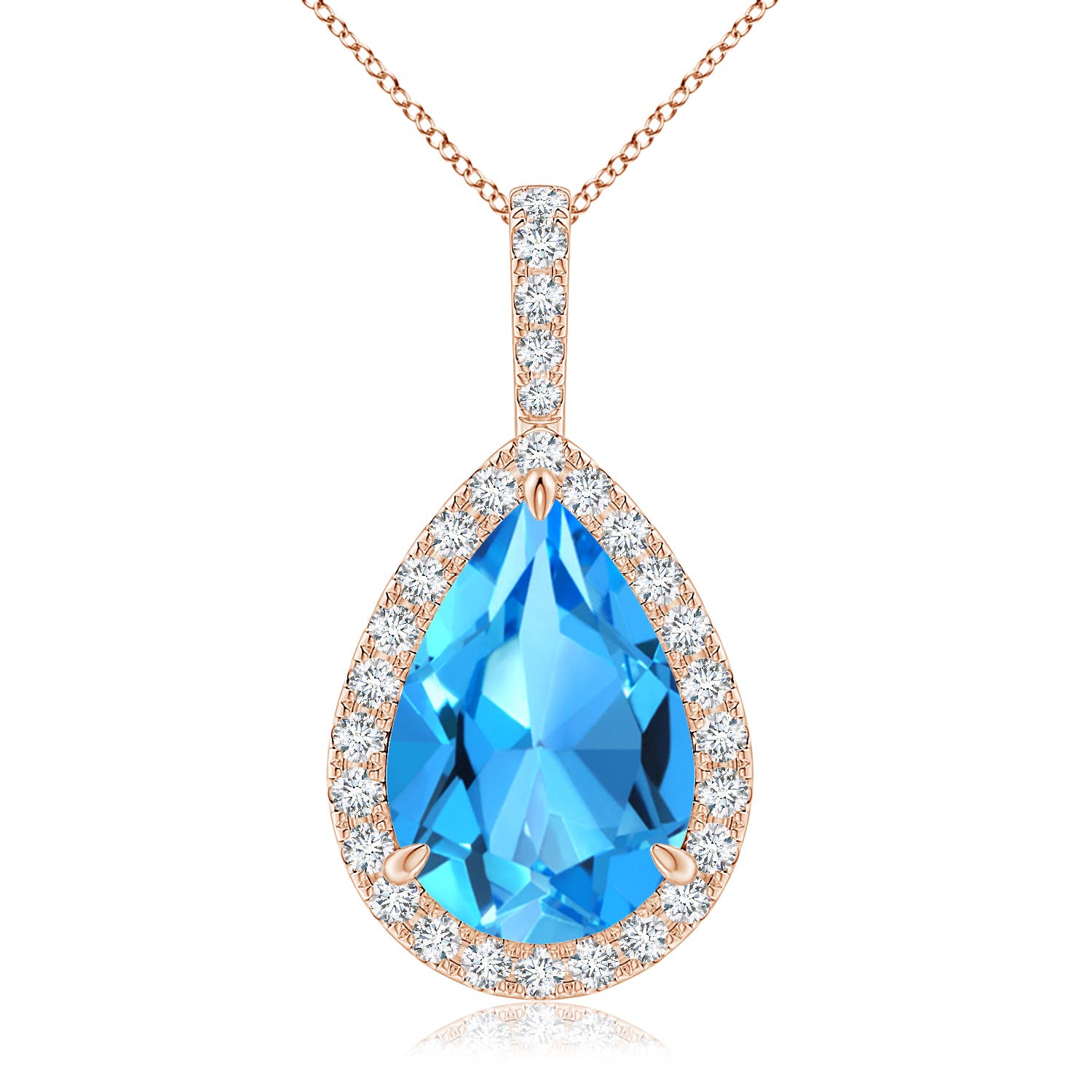 15x10mm AAAA Claw-Set Swiss Blue Topaz Teardrop Halo Pendant in Rose Gold