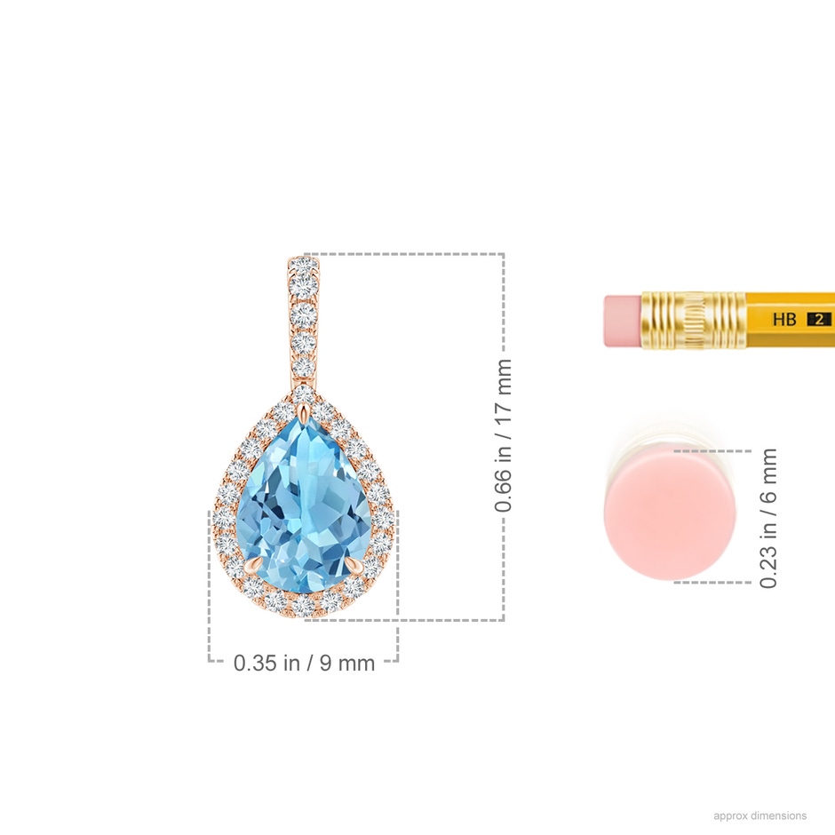 8x6mm A Swiss Blue Topaz Teardrop Pendant with Diamond Halo in Rose Gold ruler
