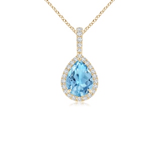 8x6mm A Claw-Set Swiss Blue Topaz Teardrop Halo Pendant in Yellow Gold