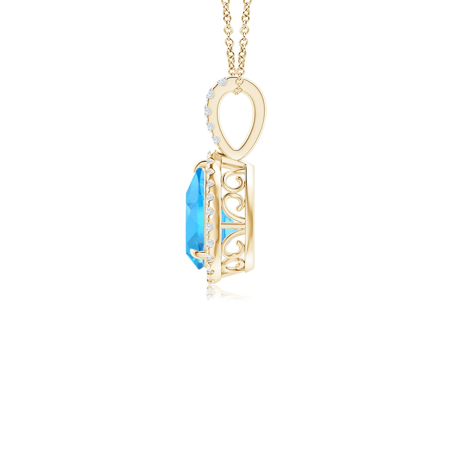 8x6mm AAA Claw-Set Swiss Blue Topaz Teardrop Halo Pendant in 18K Yellow Gold