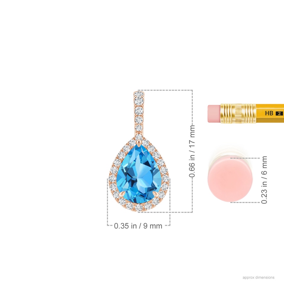 8x6mm AAA Swiss Blue Topaz Teardrop Pendant with Diamond Halo in Rose Gold ruler