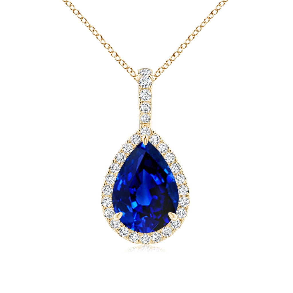 10x8mm Lab-Grown Blue Sapphire Teardrop Pendant with Diamond Halo in Yellow Gold