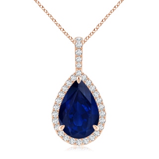12x10mm AA Blue Sapphire Teardrop Pendant with Diamond Halo in Rose Gold