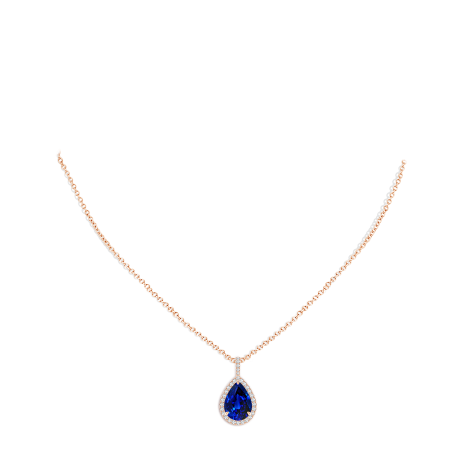14x10mm Lab-Grown Blue Sapphire Teardrop Pendant with Diamond Halo in Rose Gold pen