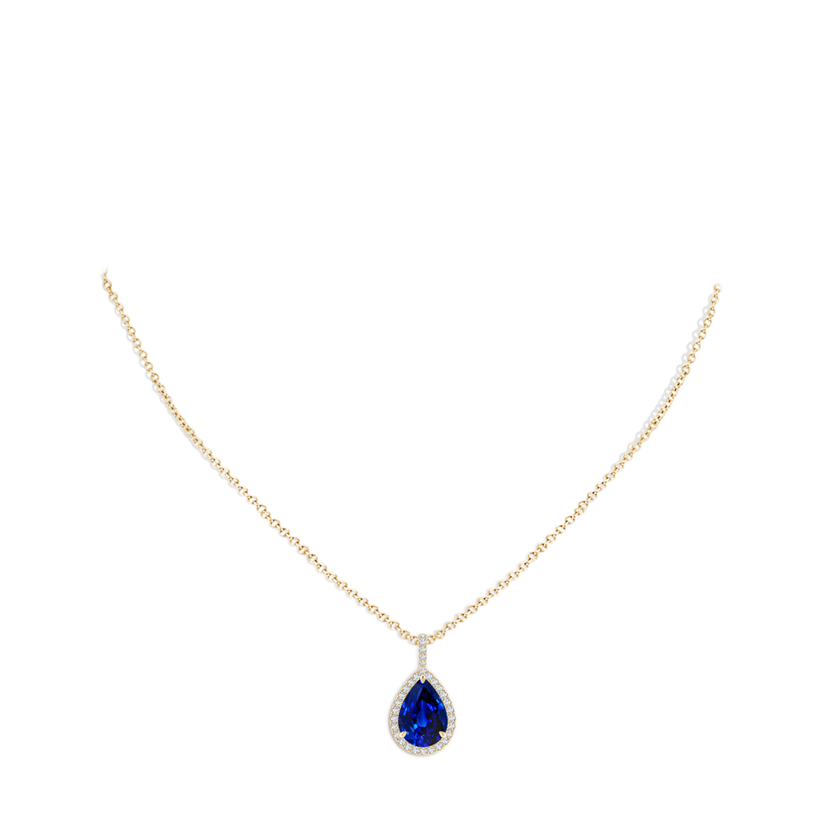 14x10mm Lab-Grown Blue Sapphire Teardrop Pendant with Diamond Halo in Yellow Gold pen