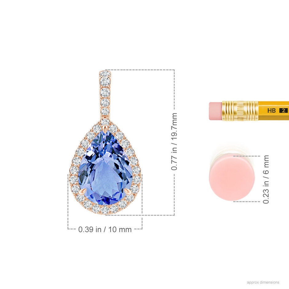 10x7mm A Tanzanite Teardrop Pendant with Diamond Halo in Rose Gold ruler