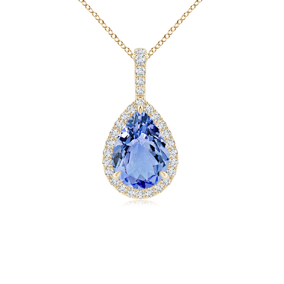 10x7mm A Tanzanite Teardrop Pendant with Diamond Halo in Yellow Gold 