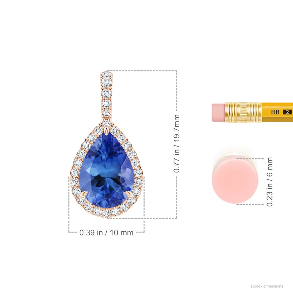 10x7mm AA Tanzanite Teardrop Pendant with Diamond Halo in Rose Gold ruler