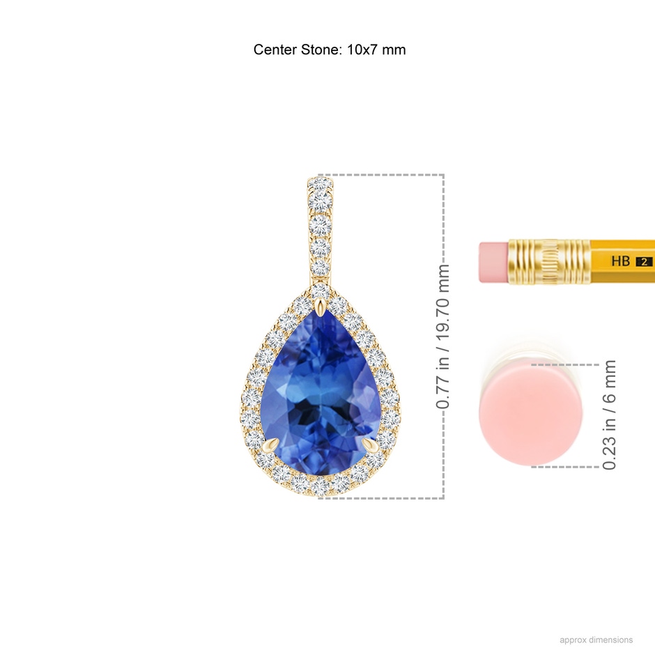10x7mm AA Tanzanite Teardrop Pendant with Diamond Halo in Yellow Gold ruler